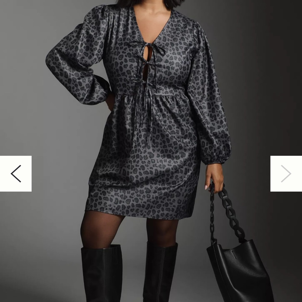 Anthropologie Black Satin Leopard-Print Tie-Front Mini Dress